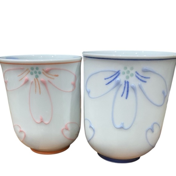 Japanese Arita Yunomi Cylindrical Handless Floral Blue /Pink Ceramic Tea Cup Set - Picture 2 of 10
